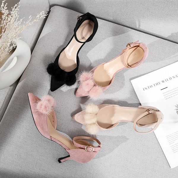 

winter 2021 real fur fluffy ball shoes woman 6cm thin high heels pointed toe ankle strap elegant solid flock wedding heels pumps, Black
