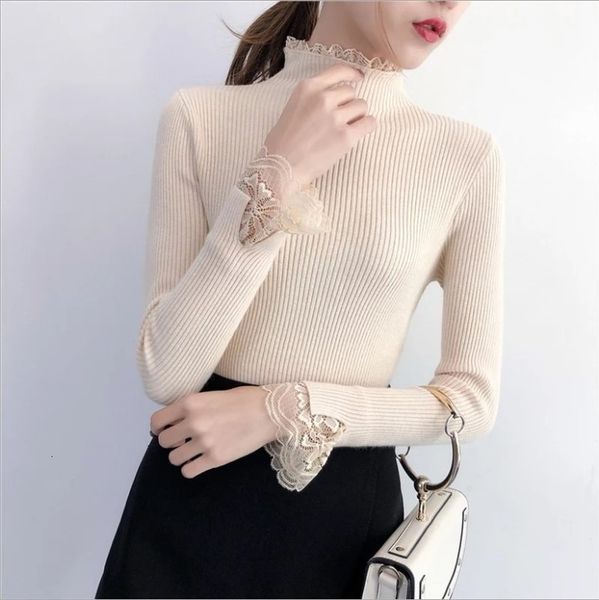 

women autumn spring new leisure korean tight sweater women's long sleeve lace patchwork knitted turtleneck pullover sweaters top, White;black