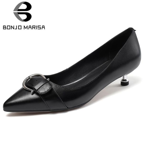

bonjomarisa new fashion genuine leather lady pumps slip on pointed toe buckle shallow pumps women thin heel casual shoes woman, Black