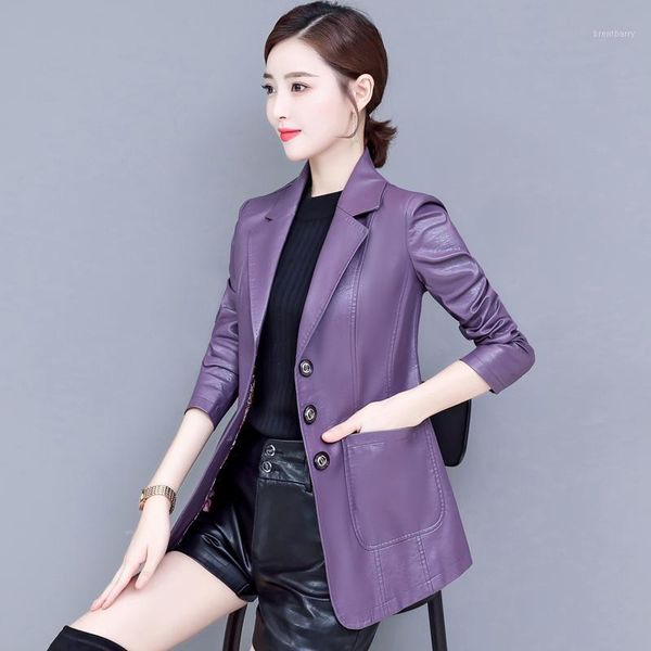 

2020 large size haining artificial leather leather women's suit jacket slim slimming wild jacket small suit1, Black