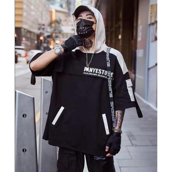 

men hip hop t shirt high street t-shirt streetwear harajuku t-shirt oversized summer black tees hooded korean t shirts male, White;black