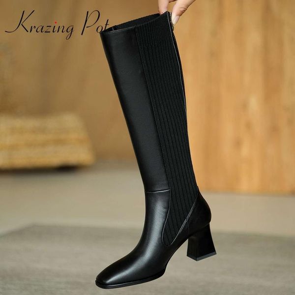 

krazing pot 2020 winter cow leather square toe high heel knitting boots beauty lady dating charming knee-high boots l85, Black