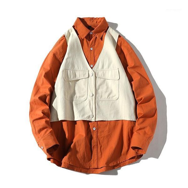 

men's jackets 2021 men thin patchwork mens fake 2 pieces harajuku streetwear shirts outwear jacket fashion vest coat1, Black;brown