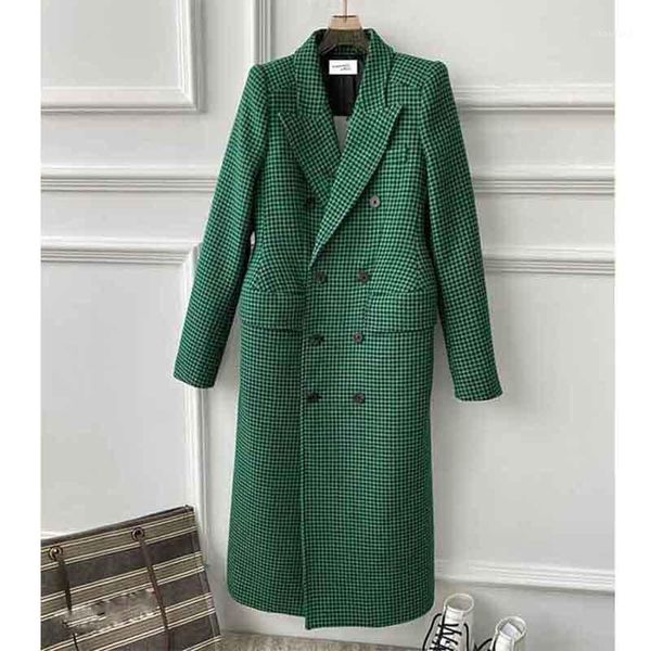

women's wool & blends cosmicchic 2021 women winter woolen green plaid coat double breasted shoulder pads waist hugging long fashion fem, Black