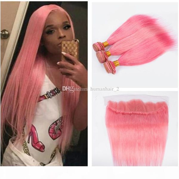 

fashion pink hair weaves with lace frontal closure 4pcs lot silky straight pink human hair bundles with 13x4 lace frontal closure, Black;brown