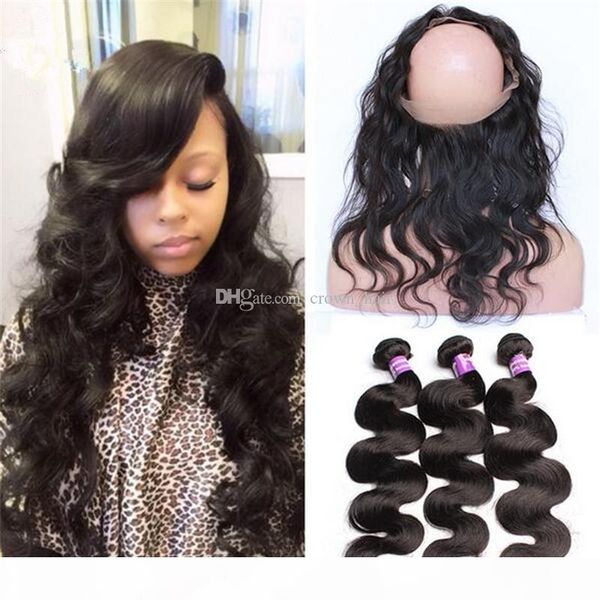 

pre plucked 360 lace frontal closure with bundles 9a brazilian hair body wave with 360 lace band frontal with 3 bundles, Black