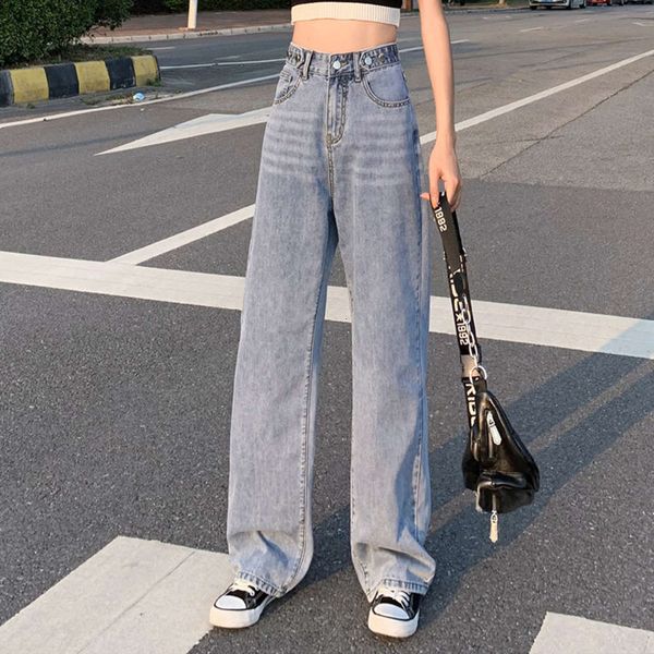 

women's summer casual jeans loose high waist show thin wide leg pants, Blue