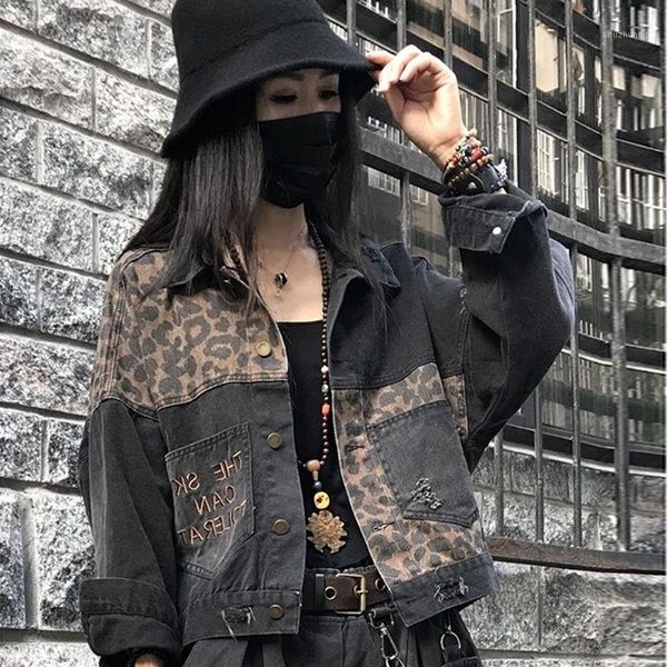 

vintage black leopard women denim jacket 2020 spring harajuku punk jean jackets coat boyfriend loose pocket fashion streetwear1, Black;brown