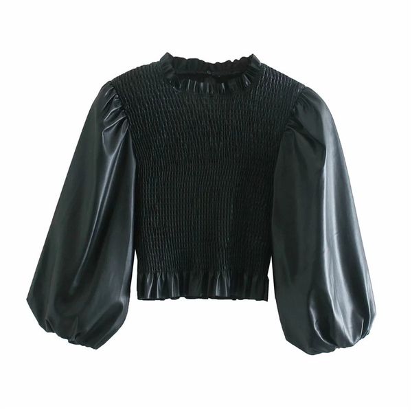 

2021 new black faux leather ruffle crop women fashion neck elastic ruched puff sleeve blouse woman high street st2f, White