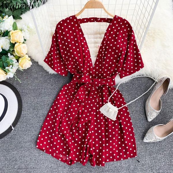 

woherb women jumpsuit vintage polka dot 2020 summer backless lace up v-neck slim waist playsuit chic ladies bodysuits 922371, Black;white