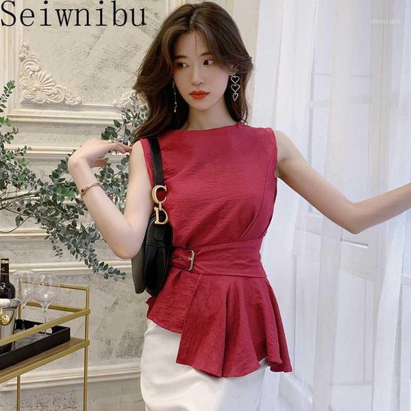 

2020 women fashion shirts o-neck sleeveless belted peplum blouse chic plus size summer femme chemise blusas, White