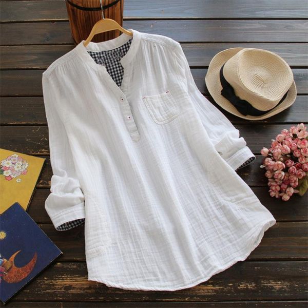 

zanzea elegant women summer solid v neck long sleeve blouses casual buttons feminina blusas cotton linen loose shirts plus size, White