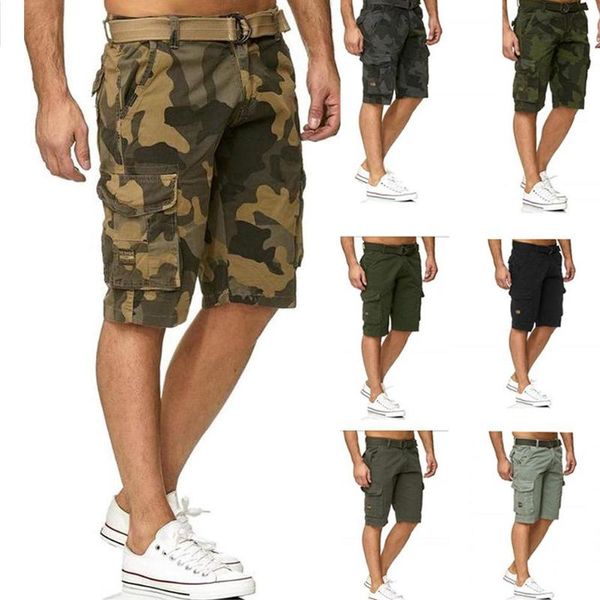 

men multi-pocket camo sports cargo shorts fifth pants with waist belt, White;black
