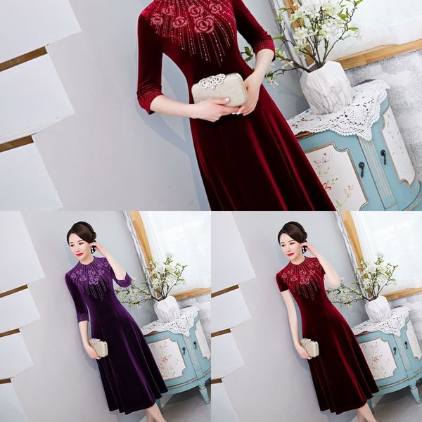 

lkslw cheongsam улучшился платье осени 2020 престарелой матери новых мужчин среднего возраста, длинный и большой и ногтей платье cheongsamch, Black;gray