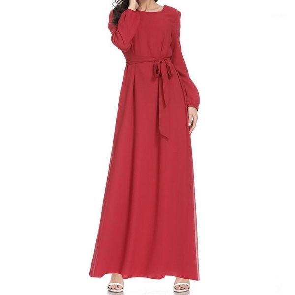 

long abaya dress casual muslim dress women maxi trumpet sleeve abaya long robe gowns tunic belt t4111, Red