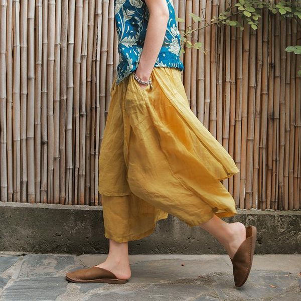 

johnature women cotton linen 4 color pockets patchwork irregular wide leg pants 2020 summer new elastic waist ankle-length pants1, Black;white