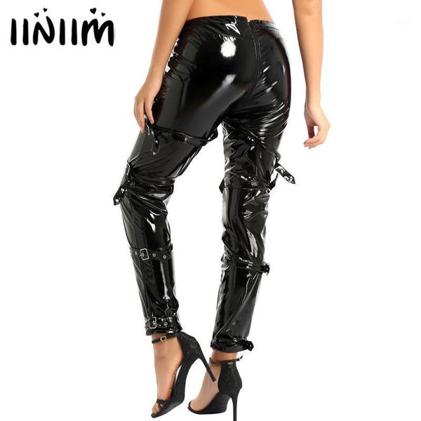

womens wetlook costumes fashion leather zippered crotch buckles pants skinny legging trousers moto clubwear streetwear1, Black;white