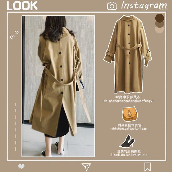 

japanese style women's spring overcoat plus size back and front single breasted lace-up midi trench coats for woman1, Tan;black