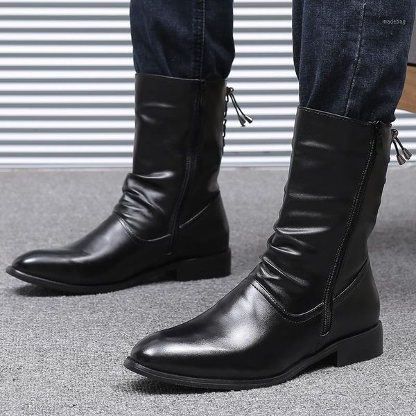 

boots men designer long genuine leather shoes punk motorcycle dresses mid-calf boot gentleman botas1, Black