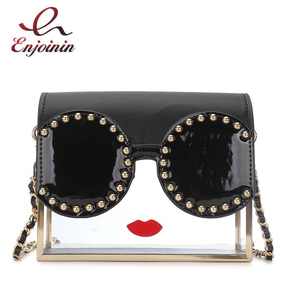 

fashion transparency acrylic box shape red lips rivet design metal crossbody messenger bag women handbags chain purse flap bolsa