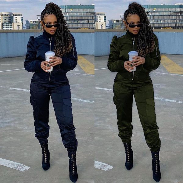 

women's tracksuits winter 2021 classic stitching multi-pocket threaded two-piece long-sleeved and trousers with fashionable casual suit, Gray