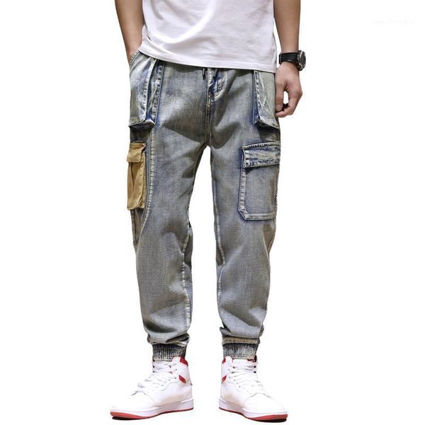

men's jeans men fashion streetwear loose fit vintage harem pants multi pockets denim cargo hip hop jogger homme1, Blue
