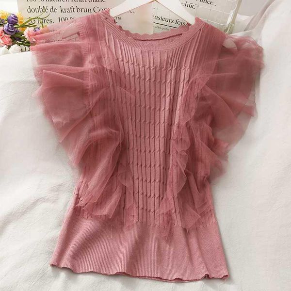 

2020 summer knitted sleeveless shirt round neck lace patchwork sweater vest women1, Black;white