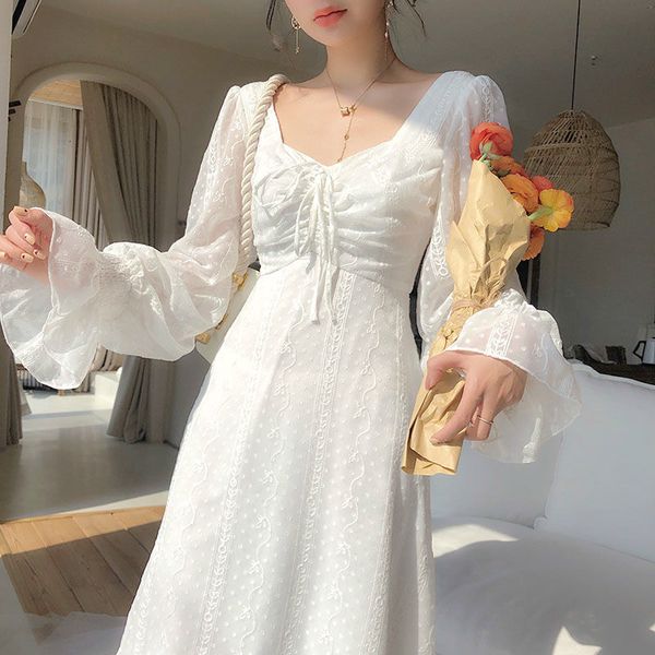 

2021 new vintage fairy women elegant designer chiffon long sleeve french party midi casual women's clothing autumn o594, Black;gray
