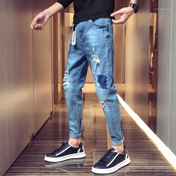 

spring new jeans men self-cultivation washed solid color casual hole denim pants man streetwear hip-hop trousers male clothes1, Blue
