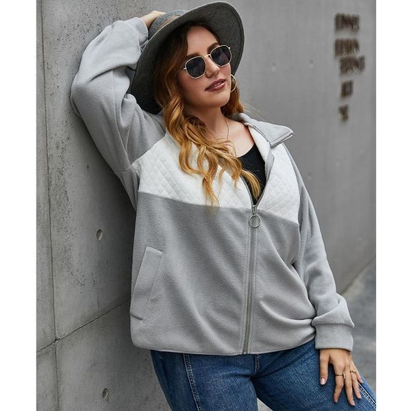 

plus size jackets for women zip up patchwork long sleeve turn down collar loose casual oversized coat autumn, Black;brown