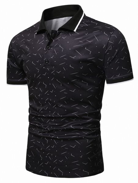 

men allover print contrast trim polo shirt p2hd#, White;black