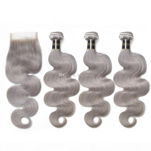 

grey hair with lace closure sliver grey hair extensions virgin brazilian human hair 3 bundles deals with lace closure, Black