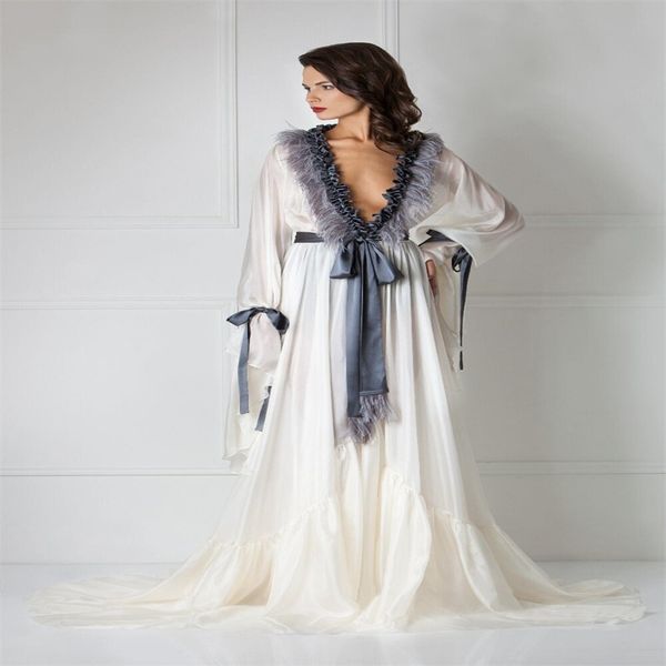 

elegant fur sleepwear v neck long sleeves lace wedding robe nightgown silk satin chic sweep train wedding pajama custom made, White;pink