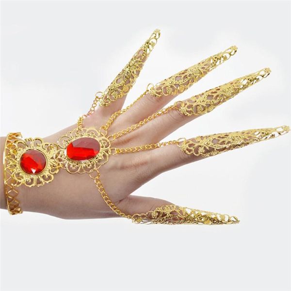 

charm bracelets imixlot dancing fingertip hollow hand bracelet gold color red rhinestone decoration ladies women ethnic ornaments, Golden;silver