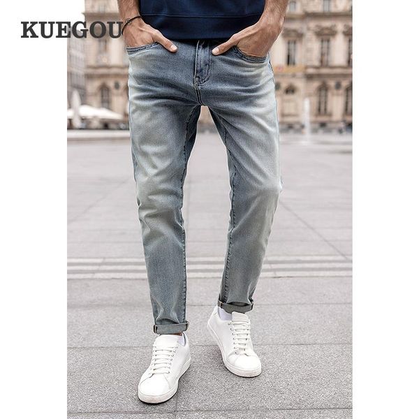 

kuegou cotton autumn spring clothing classic man jeans scratched wear slim fashion trousers stretchy denim hole men pants 1833, Blue