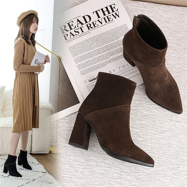 

women ankle boots genuine leather plus size 22-26.5 cm feet length ankle boots pointed toe side zipper winter shoes women y200723, Black