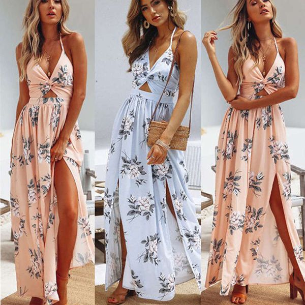 

v-neck chiffon print women's suspender slit beach dress, Black;gray