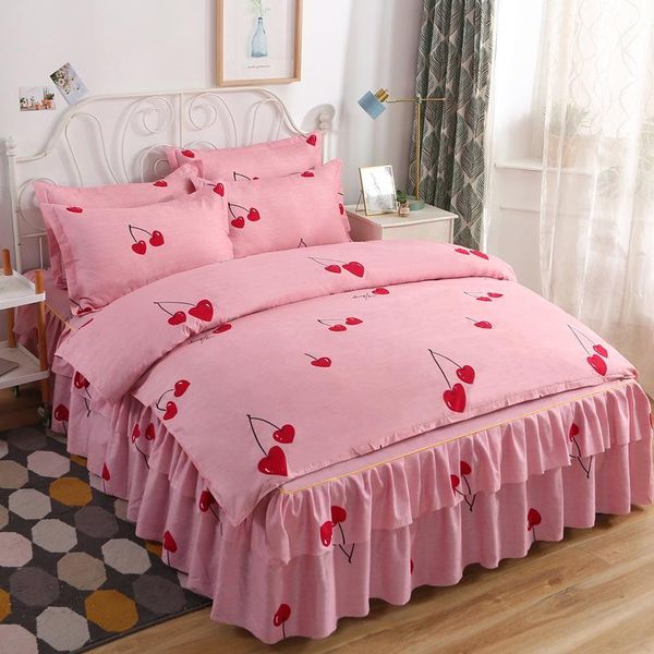 

bbset duvet cover set 4pcs classic bedding set korean style princess wind bed skirt pink cherry oversized quilt cover 2020
