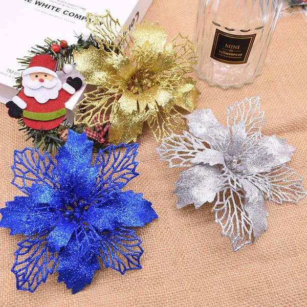 

5pcs 16cm big flower head christmas artificial flower glitter fake new year christmas tree decor home navidad ornament