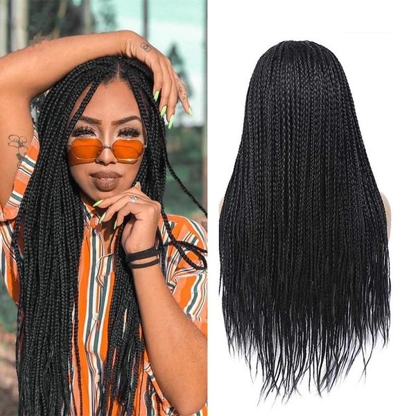 

long braided box braids synthetic lace front wig black/brown micro braid wig with baby hair heat resistant african american women glue natur