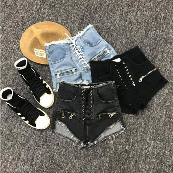 

women's shorts fanco summer fashion zipper high waist female blue black grey college style lace up korean denim, White;black