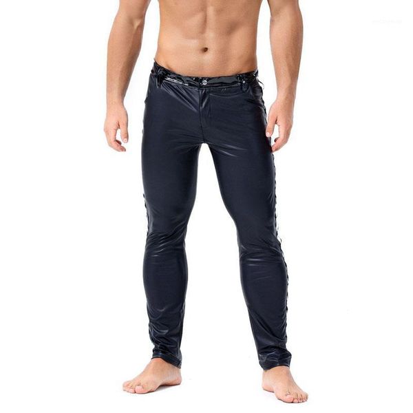 

mens wet look faux leather pencil bottom pants skinny nightclub party trousers1, Black