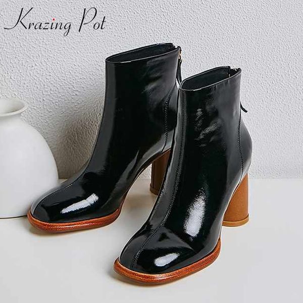 

krazing pot new genuine leather high heels zipper round toe keep warm plus size movie star office lady handmade ankle boots l1f1 q1104, Black