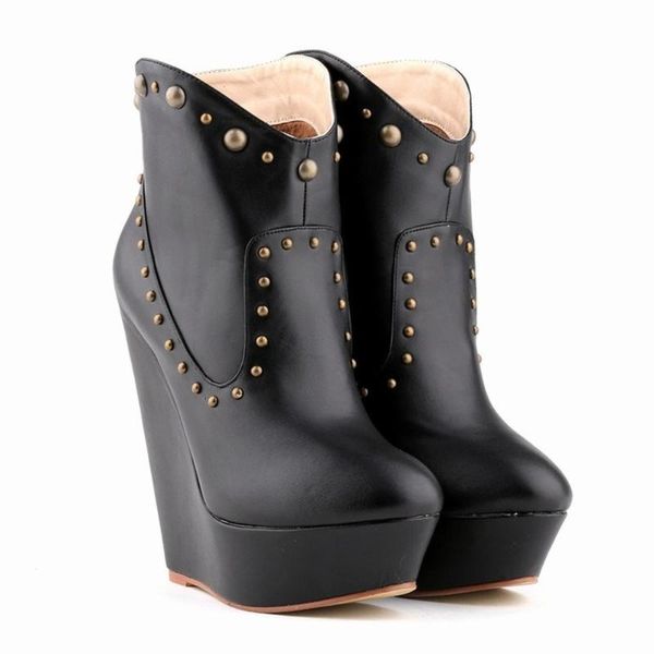 

us4-11 womens platform ankle boots rivet studs wedge super high 14cm heel shoes punk gothic 10colors plus size, Black