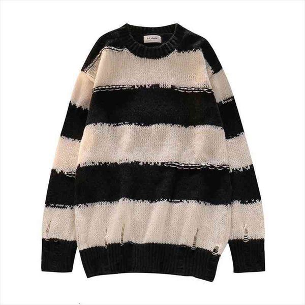 

oversized pullovers sweater woman autumn winter o-neck hole casual loose stripe knitted top, White;black