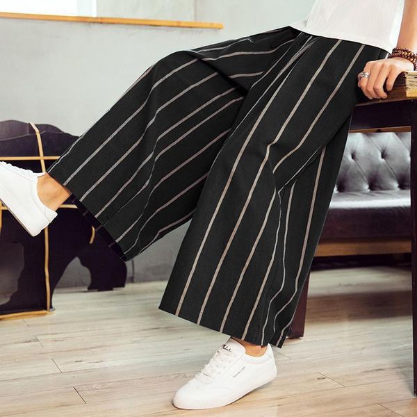 

m-3xl elastic waist wide leg pants men japanese streetwear casual striped pants loose fit colorblock summer linen trousers xxxl, Black