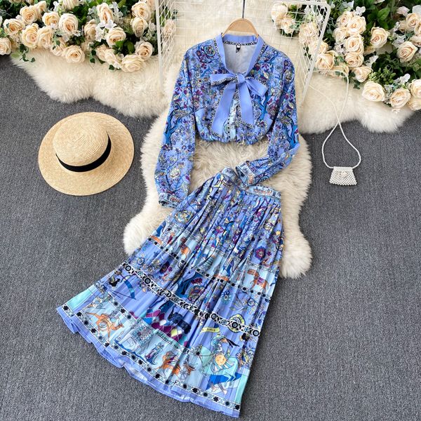 

2021 new female singiny autumn retro printing suits bow long single breasted blouse + skirt high pieces together abd6, Gray