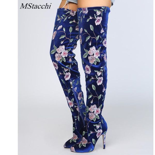 

mstacchi 2020 women over the knee high boots emnroider floral boots autumn winter fashion hoof heels women size 34-47, Black