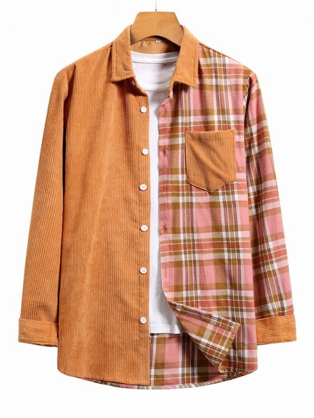 

men plaid panel pocket patched shirt e8ww#, White;black