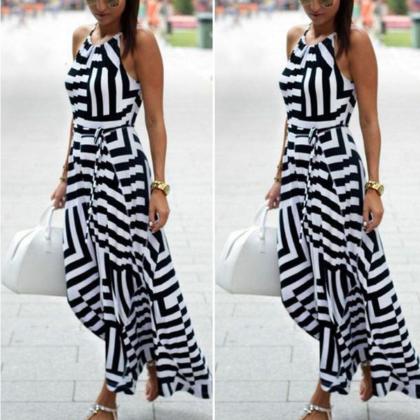 

new product womens maxi boho floral halter sleeveless summer beach long striped dress drop shipping, Black;gray